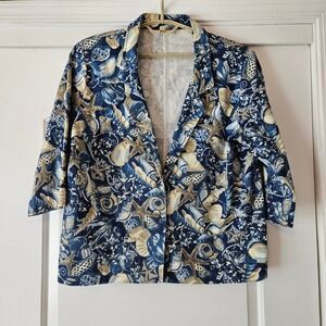 Norm Thompson Blazer Jacket Womens Large Blue Coastal Nautical Seashell Starfish